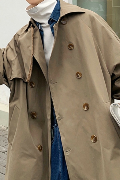 Retro Men's Trench Coat Pure Color Long Length Double Breasted Pocket Design Loose Trench Coat