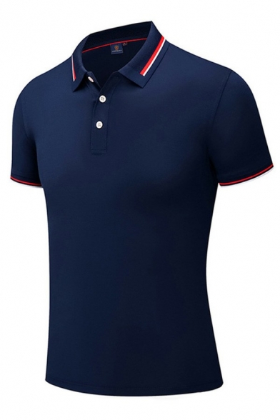 Simple Polo Shirt Pure Color Contrast Trim Lapel Collar Short Sleeve Regular Polo Shirt for Men