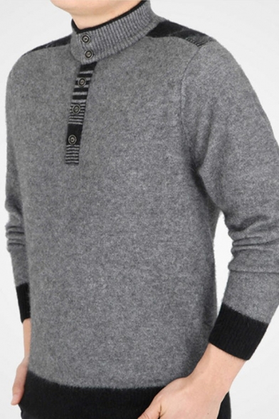 Sporty Mens Sweater Color Block Mock Neck Button Detail Long Sleeves Regular Sweater