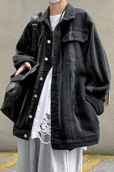 Street Style Jacket Whole Colored Button Up Collar Loose Fitted Long Sleeve Denim Jacket for Men