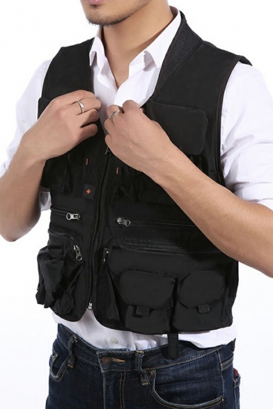 Street Style Mens Vest Plain Multi Pockets V-Neck Slim Fitted Zip Placket Cargo Vest