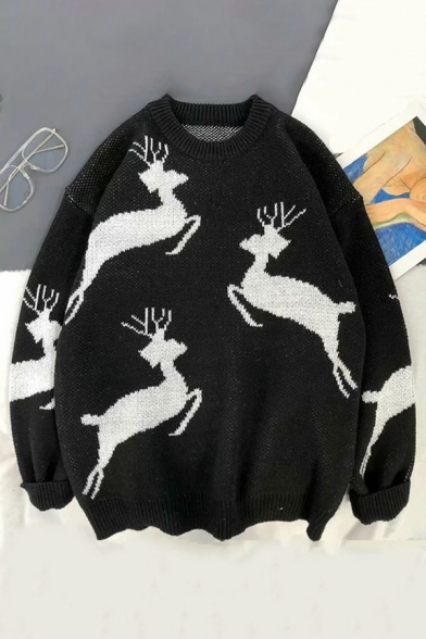 Stylish Mens Sweater Elk Pattern Long-sleeved Round Neck Loose Fit Sweater