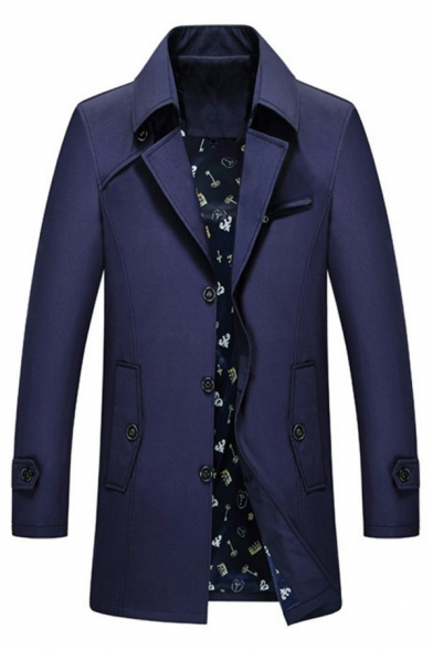 Trendy Men's Trench Coat Plain Turn-down Collar Button Fly Side Pocket Long Length Trench Coat