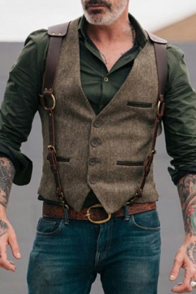 Trendy Mens Vest Pure Color Strap Designed Slimming Sleeveless V-Neck Leather Button Down Vest
