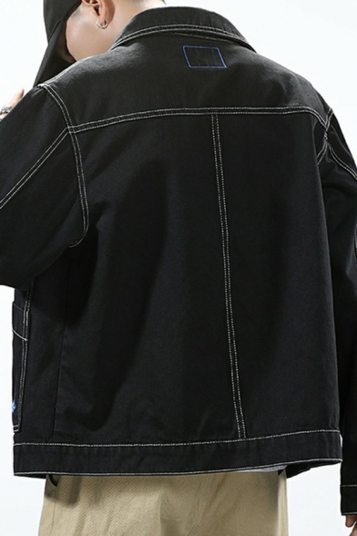 Urban Jacket Contrast Striped Hem Lapel Collar Long Sleeves Loose Button Closure Jacket for Men