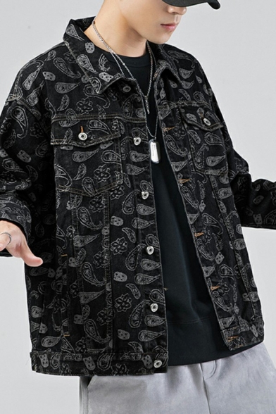 Urban Paisley Pattern Mens Jacket Single Breasted Lapel Collar Multi-Pockets Relaxed Fitted Denim Jacket