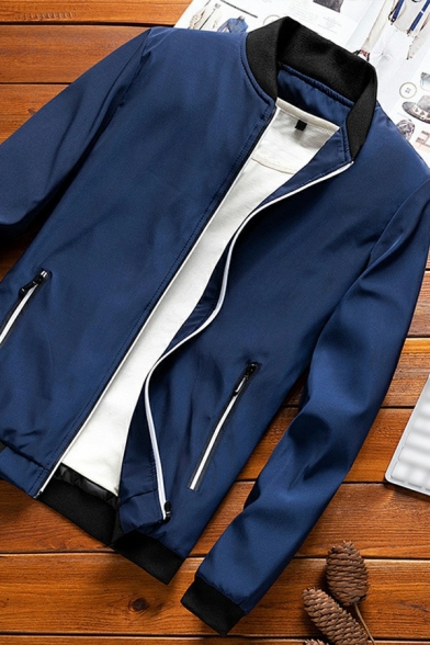 Vintage Bomber Jacket Contrast Line Pattern Long-Sleeved Stand Collar Pocket Detail Slim Fit Bomber Jacket for Men