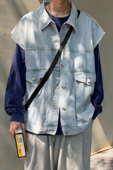 Vintage Boy's Plain Vest Flap Pocket Lapel Collar Loose Fitted Button Closure Denim Vest