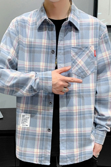 Vintage Boy's Shirt Plaid Printed Chest Pocket Lapel Collar Loose Long Sleeve Button Up Shirt