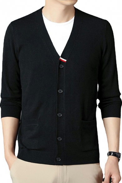 Basic Cardigan Whole Colored Button Up Long Sleeves V-Neck Regular Fit Cardigan for Men