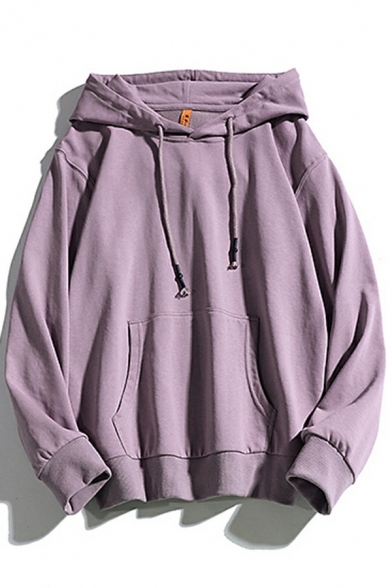 Basic Hoodie Pure Color Kangaroo Pocket Drawcord Long Sleeves Regular Fit Hooded Sweatshirt for Men