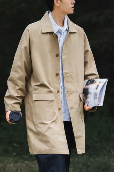 Boy's Hot Coat Solid Flap Pocket Lapel Collar Long-Sleeved Loose Fit Button Fly Trench Coat