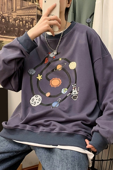 Chic Guys Sweatshirt Planet Print Long-Sleeved Crew Neck Rib Cuffs Loose Fit Sweatshirt
