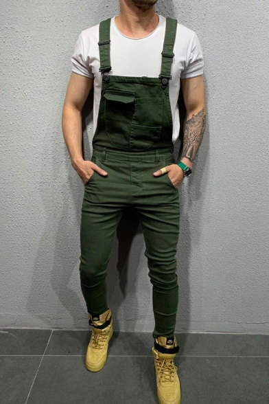 Cool Men's Overalls Solid Color Side Color Sleeveless Slim-Fitted Overalls