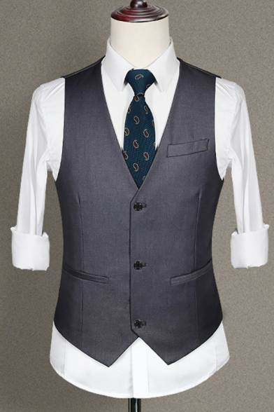 Daily Plain Vest Sleeveless V-Neck Button Closure Slim Fitted Suit Vest for Men