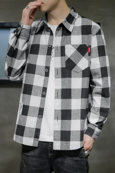 Dashing Shirt Plaid Pattern Pocket Designed Turn-down Collar Loose Long Sleeve Button Up Shirt for Boys