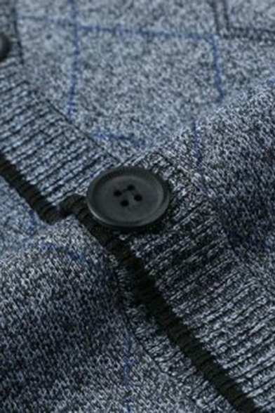 Edgy Cardigan Plaid Print V Neck Pocket Rib Cuff Long Sleeves Loose Button up Cardigan for Men