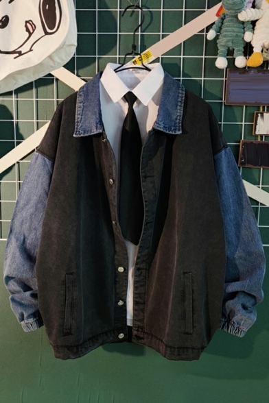 Fancy Denim Jacket Contrast Color Button Up Raglan Long Sleeve Baggy Denim Jacket for Men