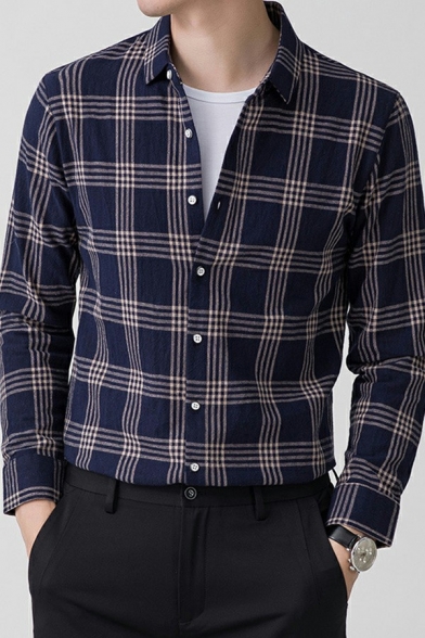 Guy's Boyish Shirt Plaid Pattern Turn-down Collar Regular Fit Long Sleeves Button Down Shirt