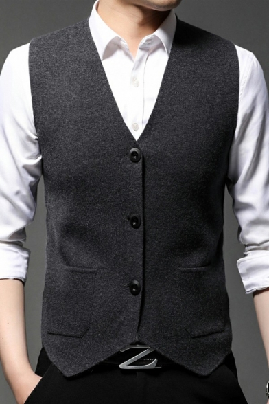 Guys Dashing Men Plain Pocket Designed Sleeveless Slim Fit V Neck Button Down Suit Vest