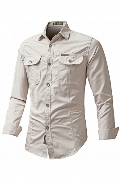 Guys Street Look Shirt Pure Color Pocket Detailed Long Sleeve Lapel Collar Slim Button Down Shirt
