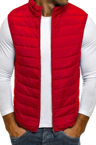 Leisure Vest Pure Color Stand Collar Pocket Decoration Regular Fitted Zip Down Vest for Guys