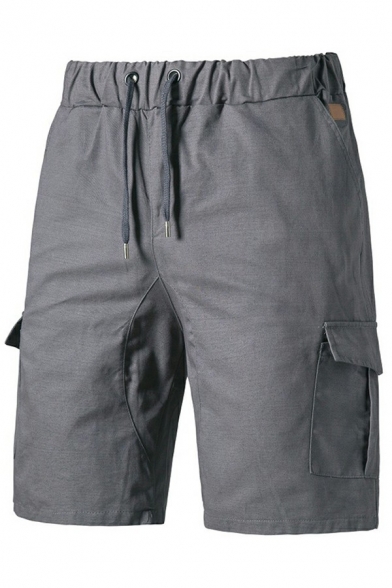 Men Basic Shorts Pure Color Elastic Waist Drawcord Pocket Fitted Cargo Shorts
