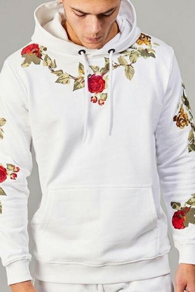 Men Dashing Hoody Floral Pattern Hooded Kanga Pocket Rib Cuffs Long-Sleeved Fitted Hoody