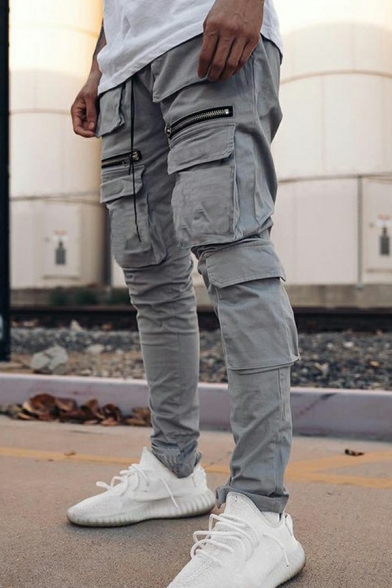 Men Leisure Cargo Pants Solid Color Elastic Closure Pocket Slim Fitted Cargo Pants with Pockets
