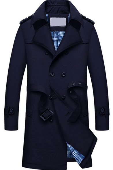 Men's Dashing Trench Coat Plain Plaid Lined Double Breasted Fitted Long Sleeves Trench Coat