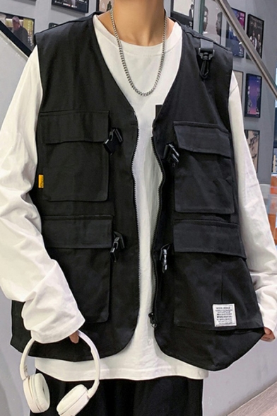 Men Stylish Vest Pure Color V-Neck Single Breasted Flap Pocket Detailed Regular Fit Vest