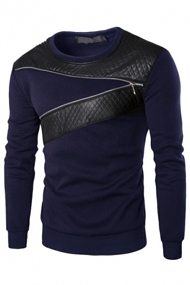Modern Mens Sweatshirt Color Block Zip Designed Long Sleeve Round Collar Slim Fitted Sweatshirt