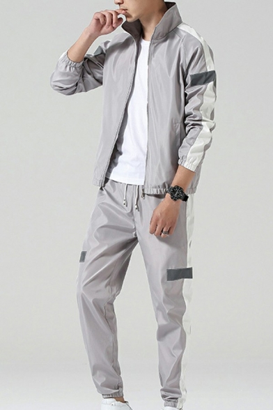Pop Set Color Panel Stand Collar Zip Up Pocket Long Sleeve Full Length Pants Relaxed Set for Men