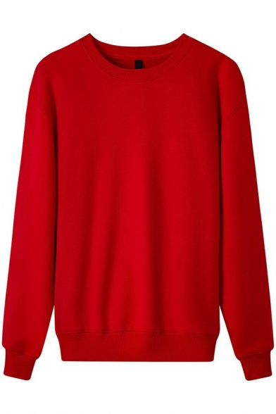 Pop Sweatshirt Plain Ribbed Hem Long-Sleeved Skinny Crew Neck Sweatshirt for Men