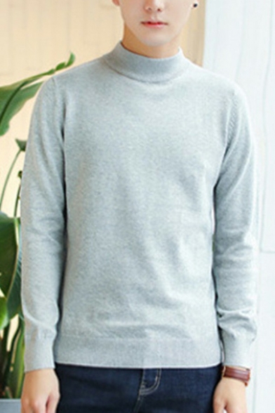 Popular Guy's Sweater Pure Color Rib Cuffs Mock Neck Long Sleeve Slim Fitted Pullover