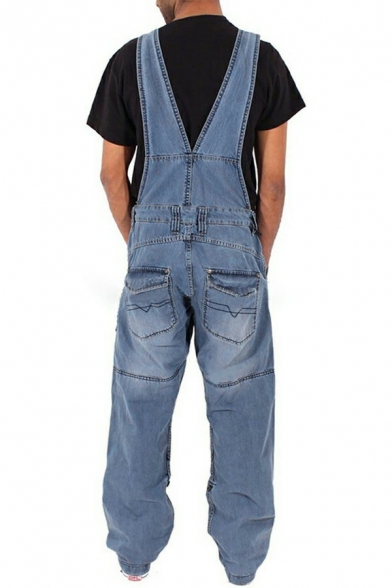 Popular Mens Denim Overall Solid Color Front Pocket Sleeveless Full Length Loose Fit Overall