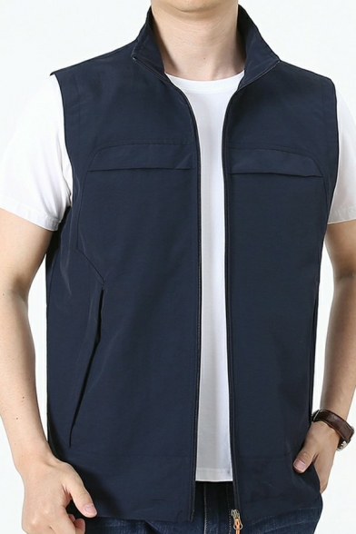 Popular Mens Vest Pure Color Zip Closure Lapel Collar Sleeveless Pocket Detail Regular Fitted Vest