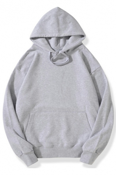 Simple Hoodie Plain Color Front Pocket Detail Long-Sleeved Regular Fitted Hooded Hoodie for Men