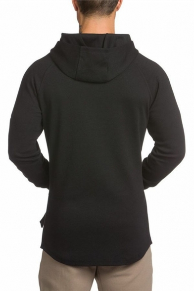 Street Style Hoodie Solid Color Long Sleeve Rib Cuffs Fitted Hoodie for Guys