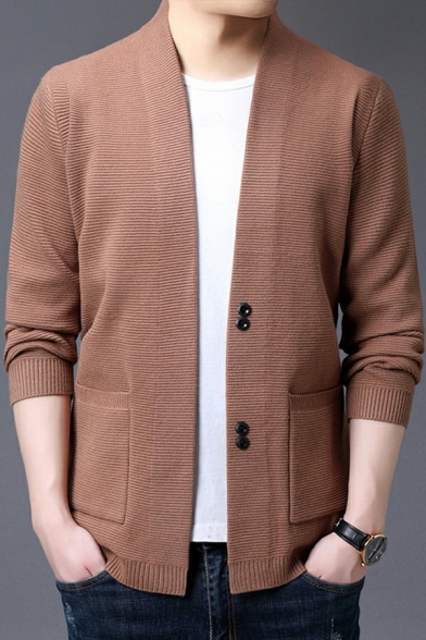 Street Style Men's Cardigan Pure Color Side Pocket Button Closure Long Sleeve Cardigan
