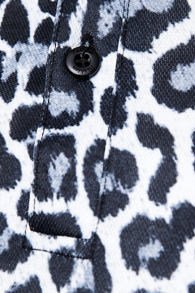 Stylish Mens Polo Shirt Leopard Pattern Short Sleeves Turn down Collar Slim Fit Polo Shirt
