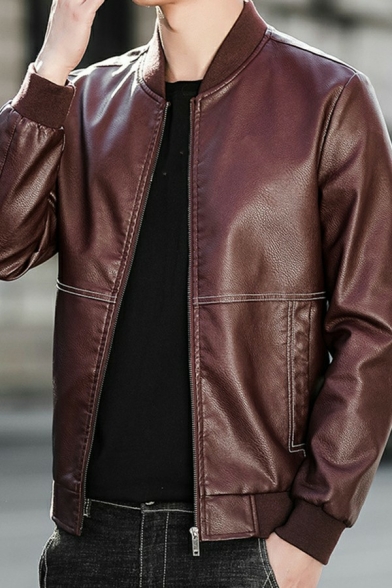 Trendy Jacket Solid Color Pocket Detailed Stand Collar Long Sleeve Skinny Leather Jacket for Guys