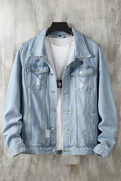 Trendy Mens Denim Jacket Pure Color Long-Sleeved Spread Collar Distressed Button Closure Relaxed Denim Jacket