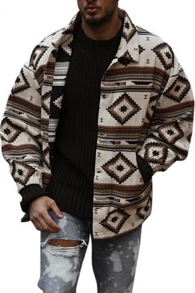 Trendy Mens Jacket Geometric Pattern Ribbed Cuffs Lapel Collar Skinny Single-Breasted Coat