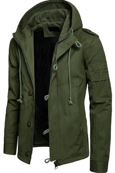 Unique Men Coat Solid Color Drawstring Long Sleeves Relaxed Single Breasted Hooded Coat