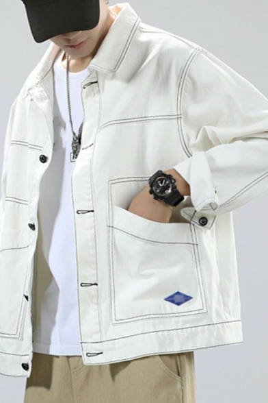 Urban Jacket Contrast Striped Hem Lapel Collar Long Sleeves Loose Button Closure Jacket for Men