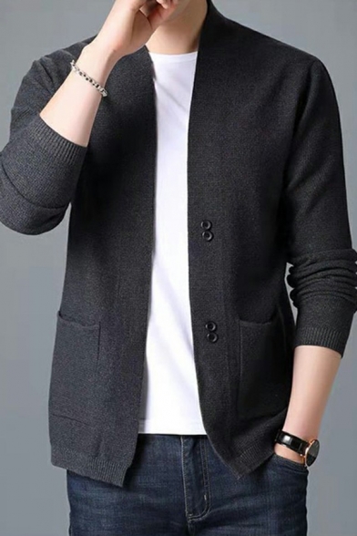 Boyish Men Cardigan Solid Front Pocket Lapel Collar Loose Fit Long Sleeves Button-up Cardigan