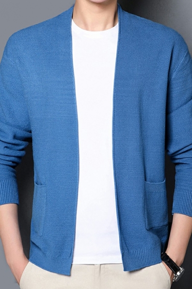 Casual Cardigan Whole Colored Pocket Detailed Regular Long Sleeve Open Front Cardigan for Guys