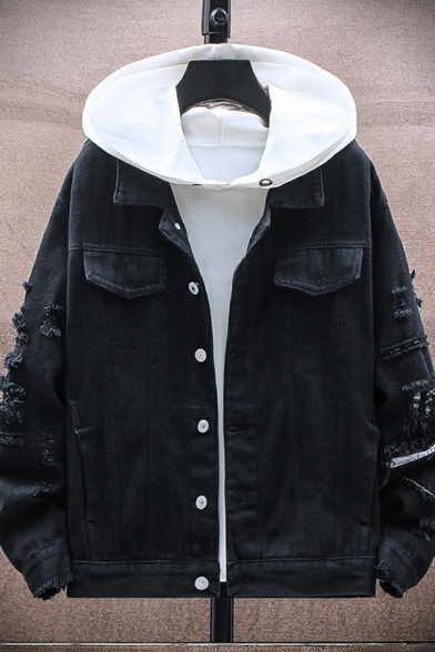 Casual Mens Denim Jacket Solid Color Button Claosure Long-Sleeved Turn down Collar Fitted Jacket