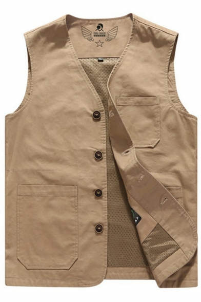 Casual Mens Vest Solid Color Button Closure V-Neck Sleeveless Regular Fitted Vest